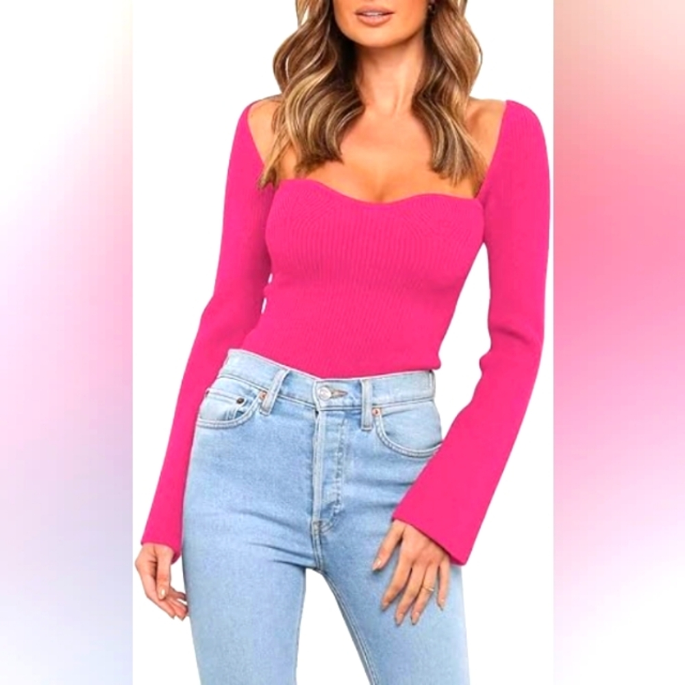 Lullusory Top Women's Size M Pink Long Sleeve Top Low Cut Necklibe Ribbex Sexy